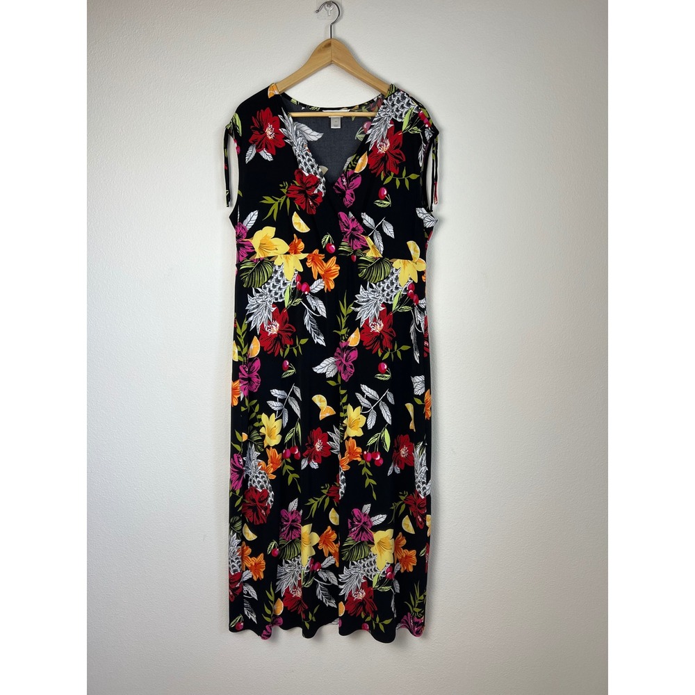 CJ Banks Tropical Floral Midi Dress 1X Black Pineapple Fruit Faux Wrap Cruise